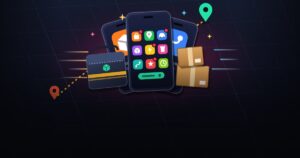 Phones with several gig apps, a delivery bag and a route map